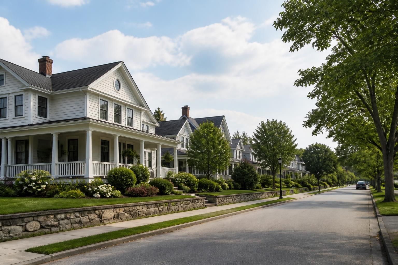 Peaceful small-town street with spacious homes and open skies.