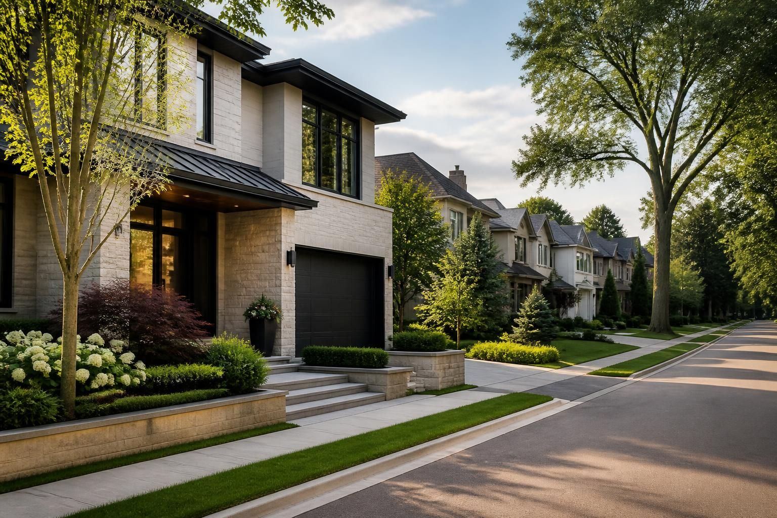 Quiet upscale neighborhood with modern homes and manicured trees.