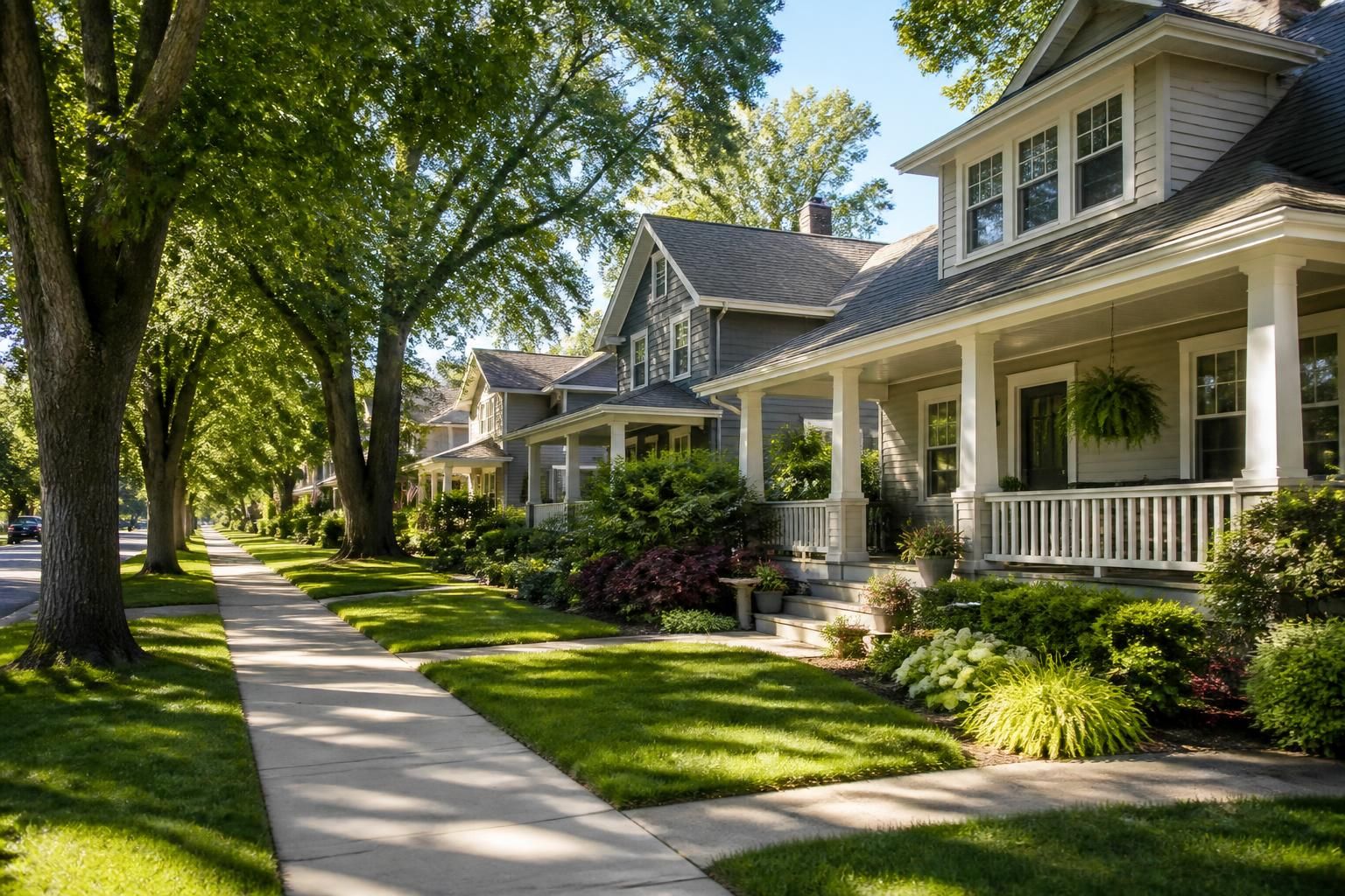 Quiet neighborhood with mature trees and well-kept homes.