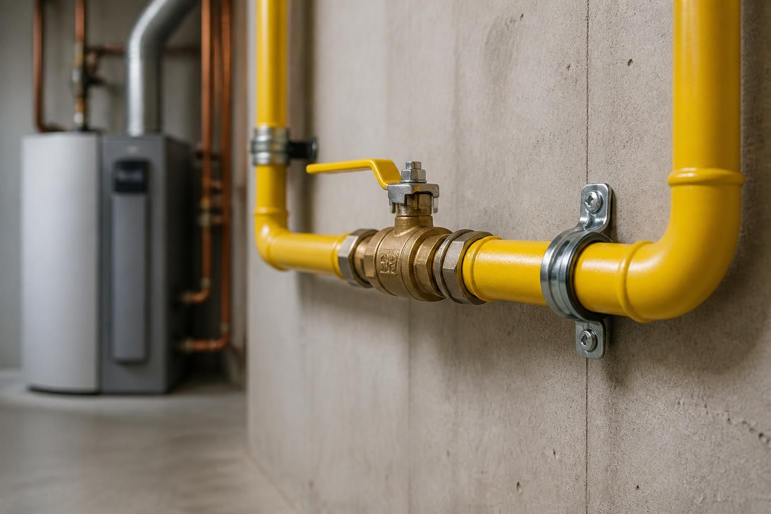 Neatly installed gas line piping in a clean mechanical space.