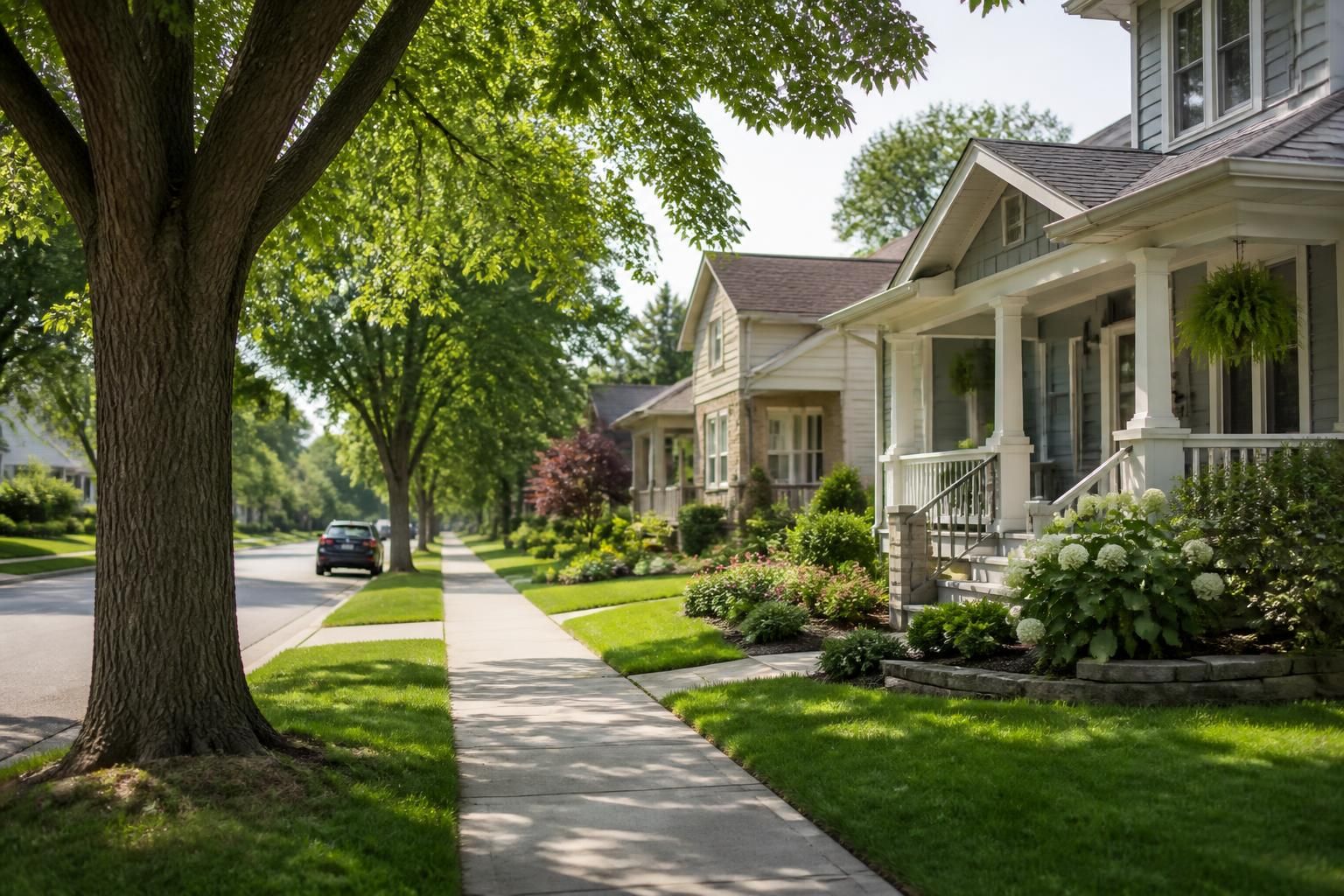 Calm suburban street with mature trees and tidy homes.