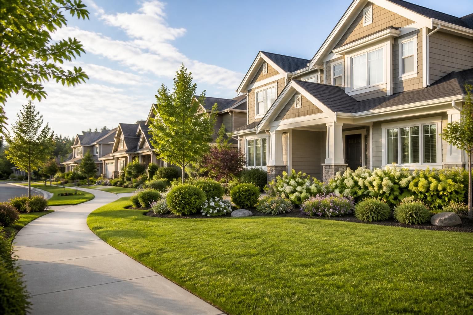 Serene residential landscape with greenery and tidy homes.