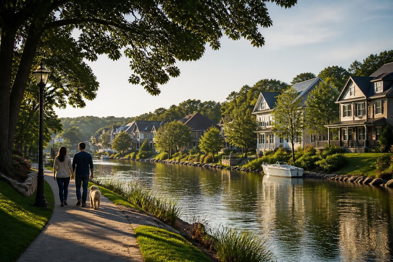 Attractive riverside community with homes, trees, and soft light.